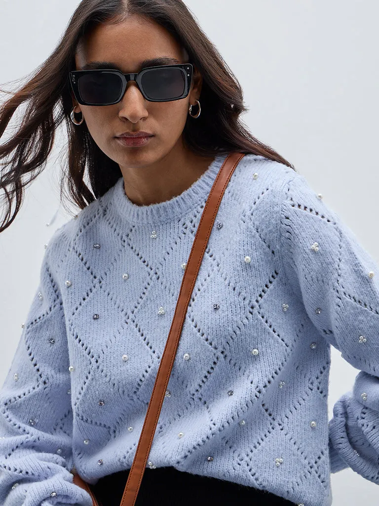 LOV Light Blue Embellished Knitted Sweater