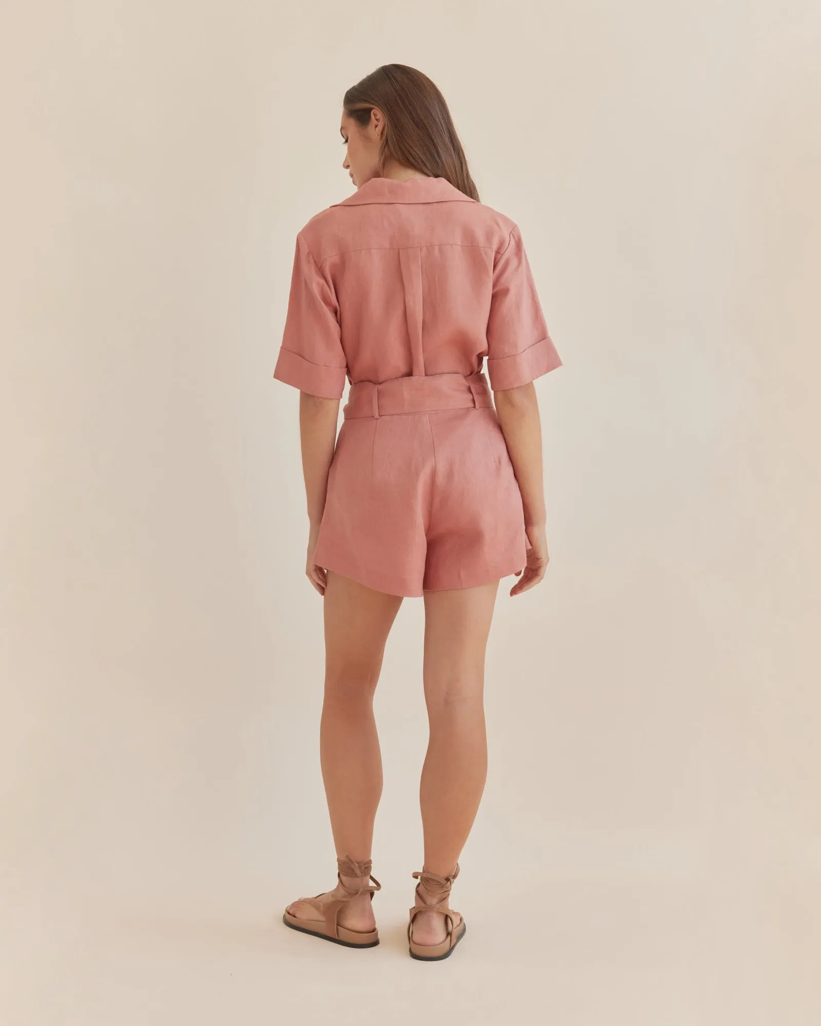 Maelle Belted Linen Short - Dusty Pink