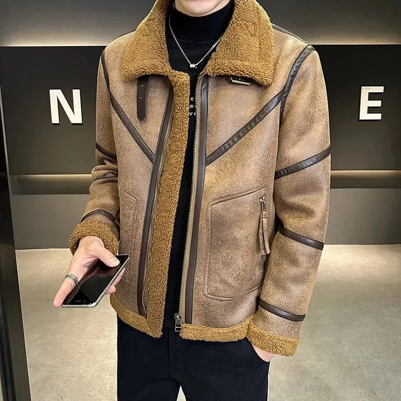 Men's Lamb Fur Lapel Leather Jacket – Thickened Motorcycle-Style Fur Coat