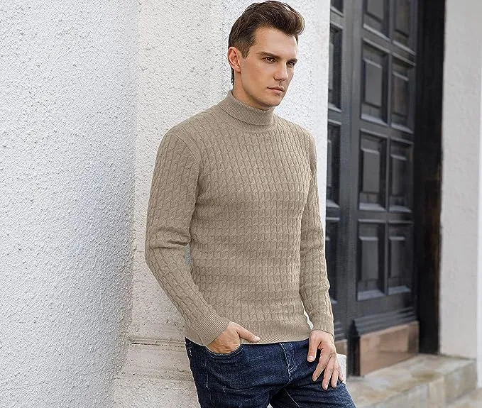 Men's Twisted Knitted Turtleneck Sweater Casual Soft Pullover Sweaters - Khaki