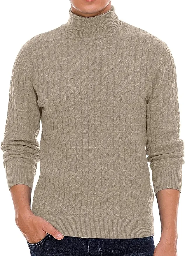 Men's Twisted Knitted Turtleneck Sweater Casual Soft Pullover Sweaters - Khaki