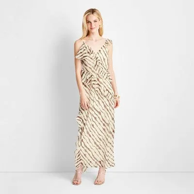 Open Box - Women's Ruffle Ankle Length Dress - Future Collective with Jenee Naylor Cream/Brown Striped XS