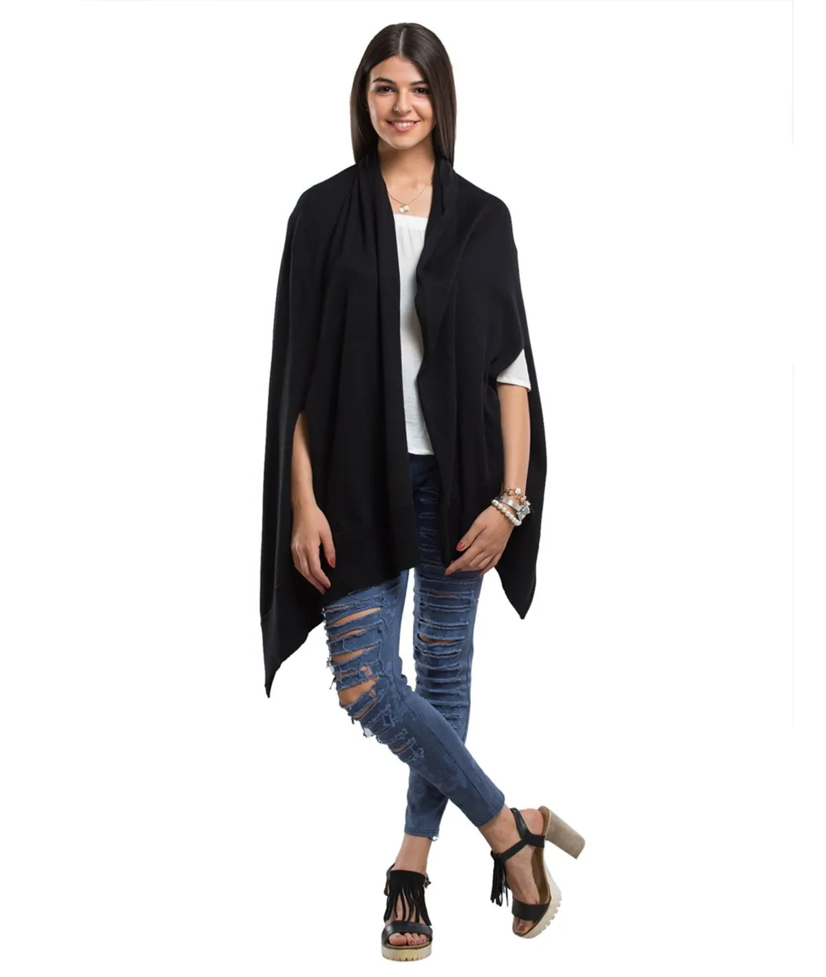 Palma - Black Cotton Knitted Fashion Poncho / Top / Cape