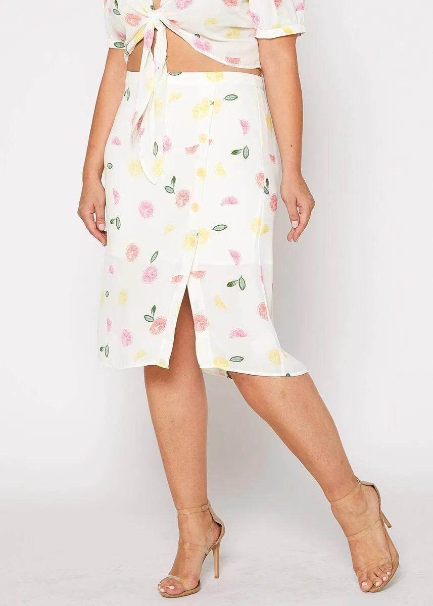 Plus Size Button Front Midi Skirt in Fruit Punch