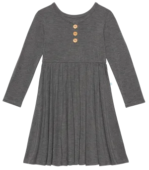 Posh Peanut Charcoal Heather L/S Henley Twirl Dress