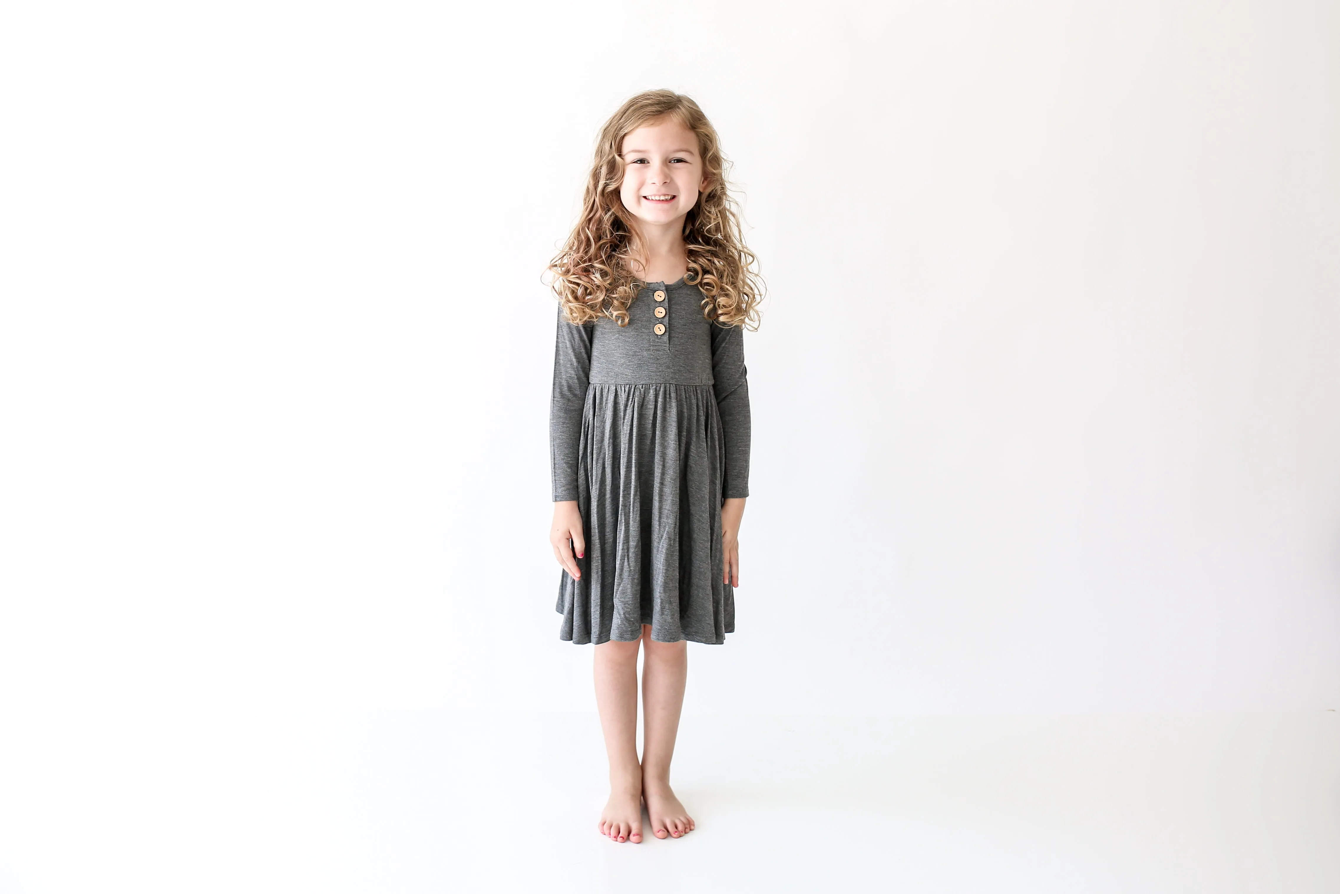 Posh Peanut Charcoal Heather L/S Henley Twirl Dress