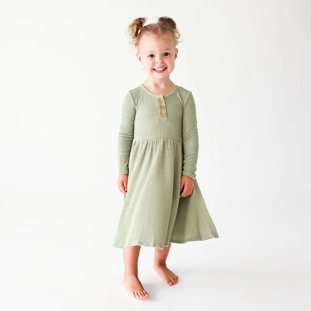 Posh Peanut Olive Waffle L/S Henley Twirl Dress