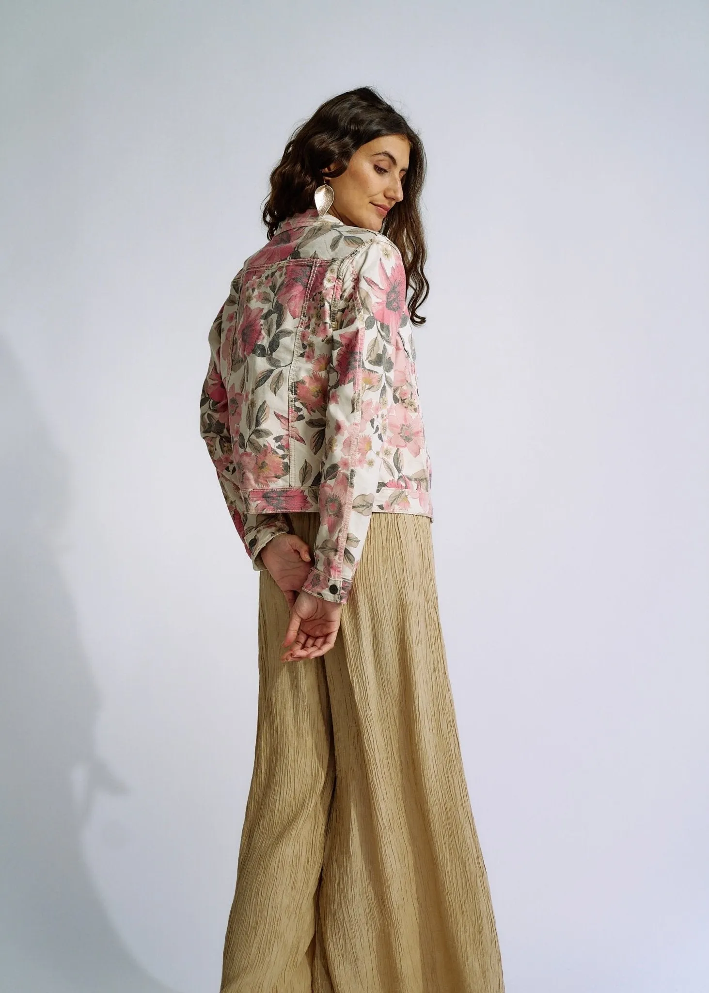 Reversible Denim Jacket with Summer Floral Print in Beige