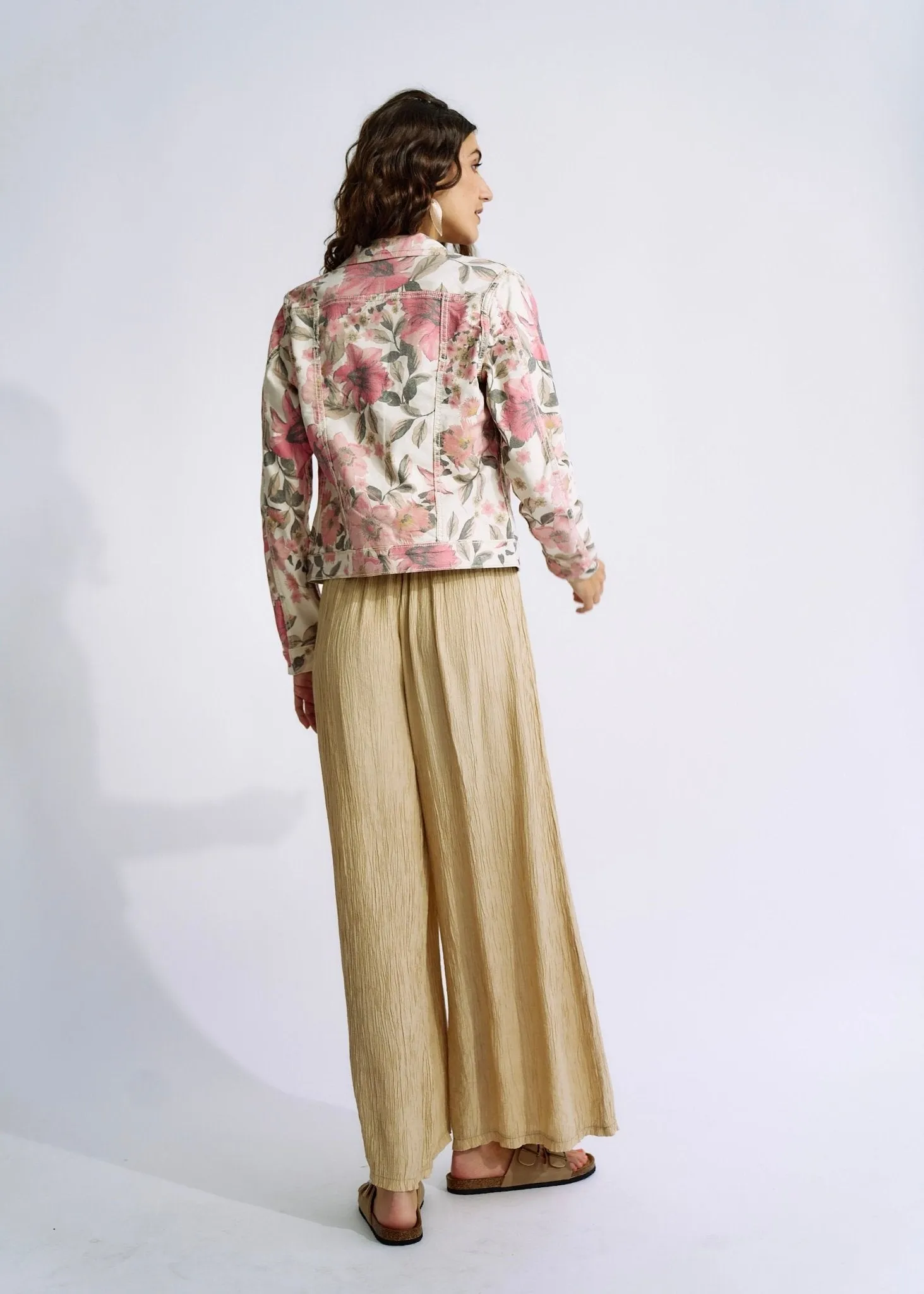 Reversible Denim Jacket with Summer Floral Print in Beige