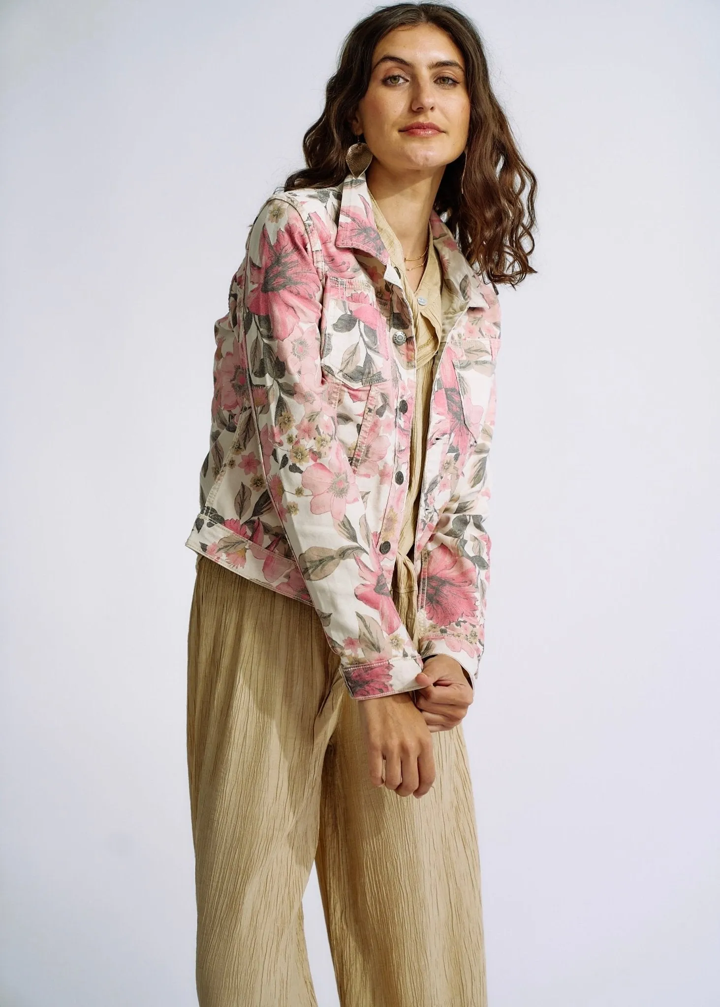 Reversible Denim Jacket with Summer Floral Print in Beige