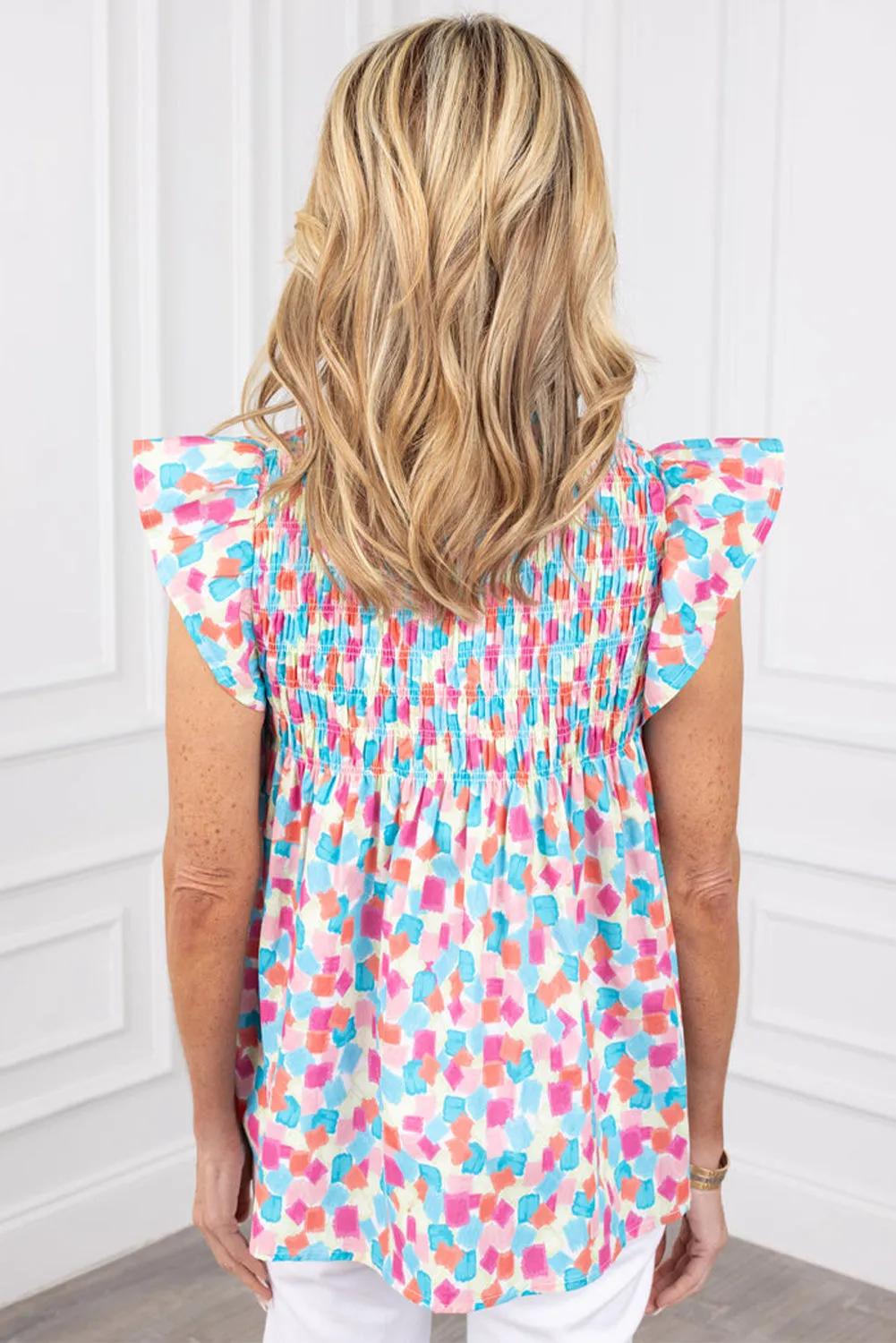 Ruffled Pink and Blue Abstract Blouse