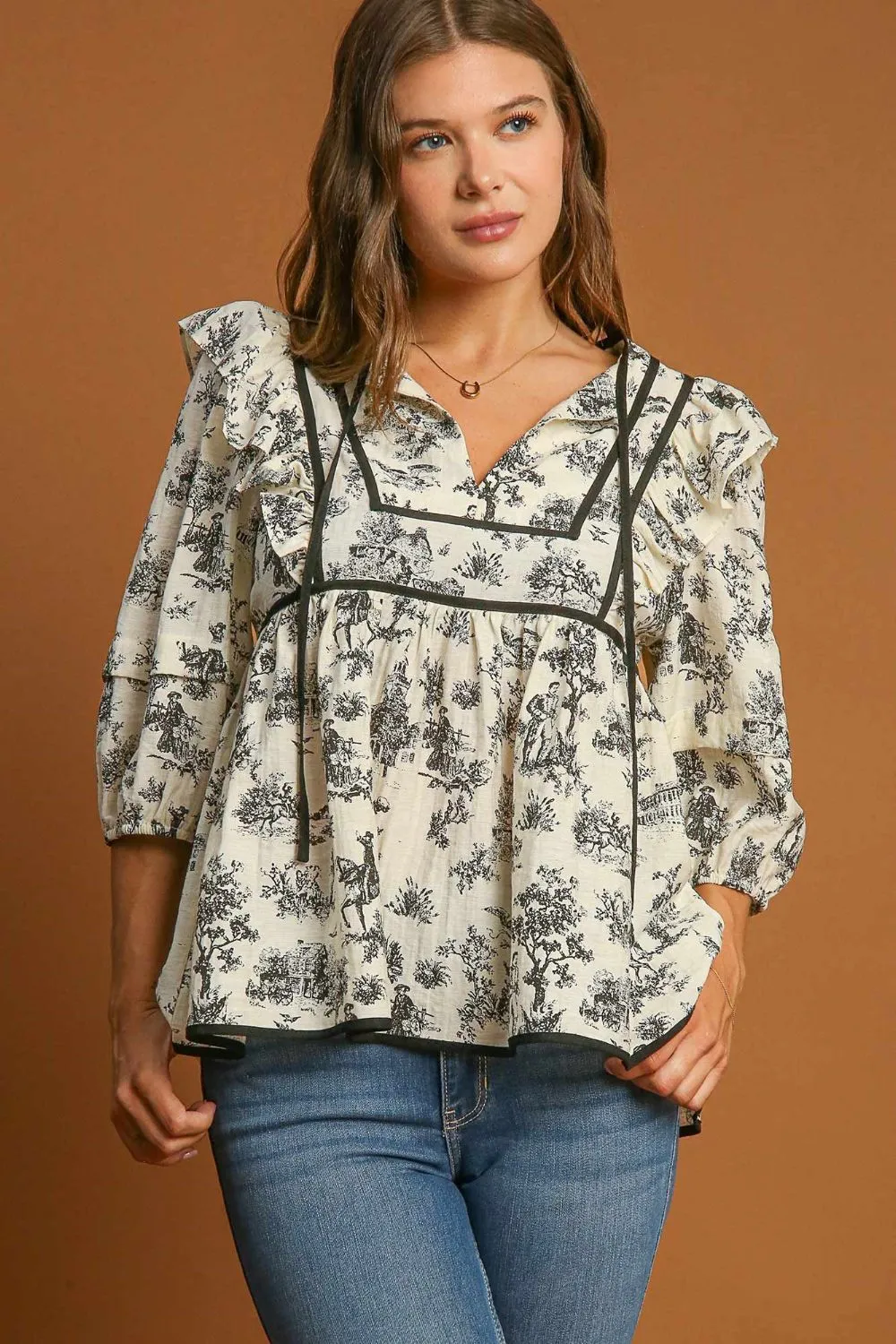 Ruffled Tie Neck Puff Sleeve Babydoll Blouse