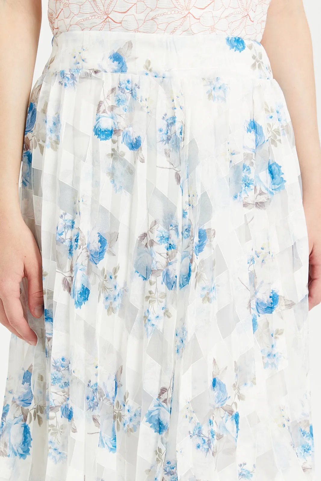 Senior Girls Flared Blue And White Floral Organza Skirts