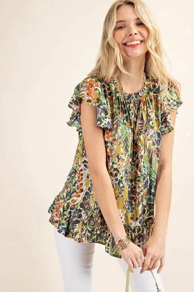 Stay Stylish and Comfy in a Printed Ruffle Hem Cap Sleeve Blouse