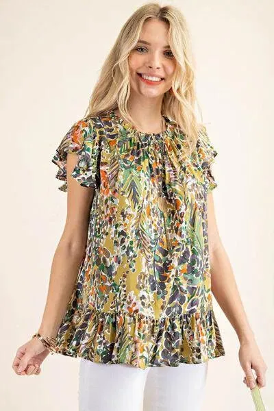 Stay Stylish and Comfy in a Printed Ruffle Hem Cap Sleeve Blouse