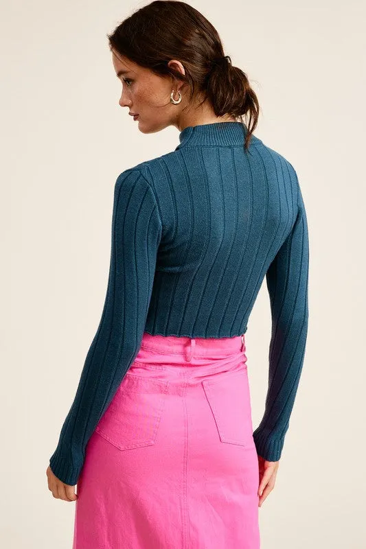 Teal Overlap Knit Mock Neck Crop Sweater Top