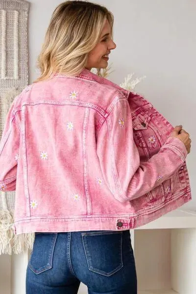 Veveret Daisy Print Button Up Pink Denim Jacket