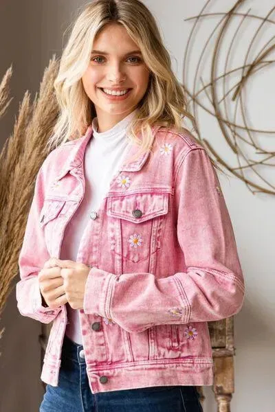 Veveret Daisy Print Button Up Pink Denim Jacket