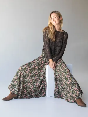 Wanderlust Palazzo Pant - Dark Green Pink Floral Vines