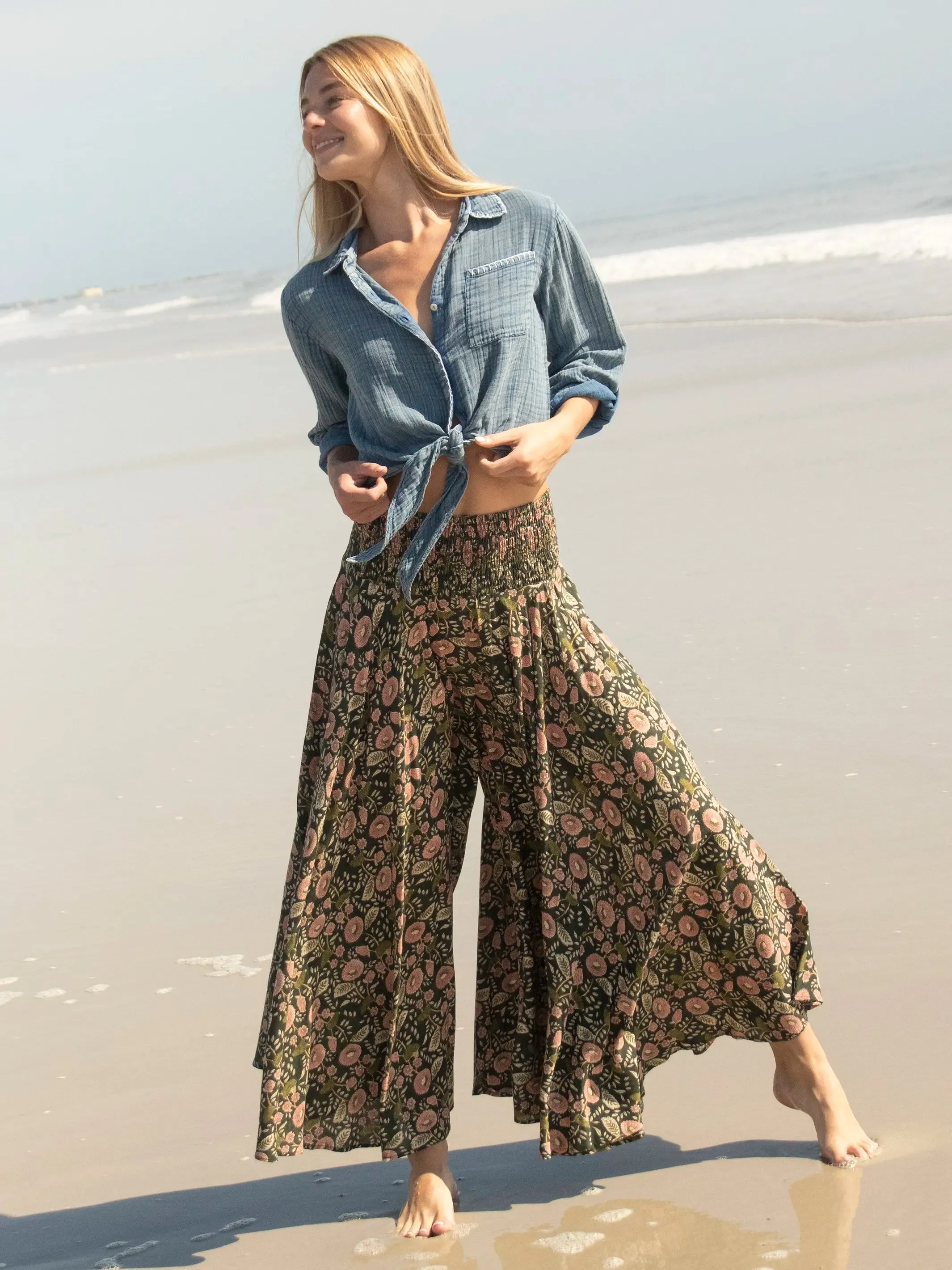 Wanderlust Palazzo Pant - Dark Green Pink Floral Vines