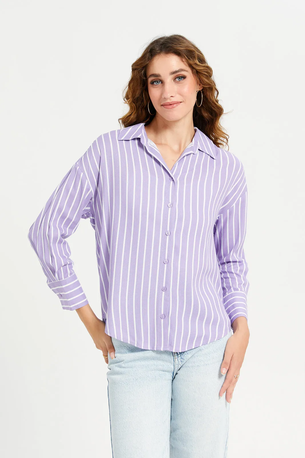 Women Lilac Striper Linen Blend Shirt