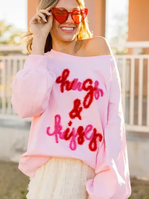 Womens Pink Hugs and Kisses Pop Up Embroidered Raglan Sleeve Sweatshirt