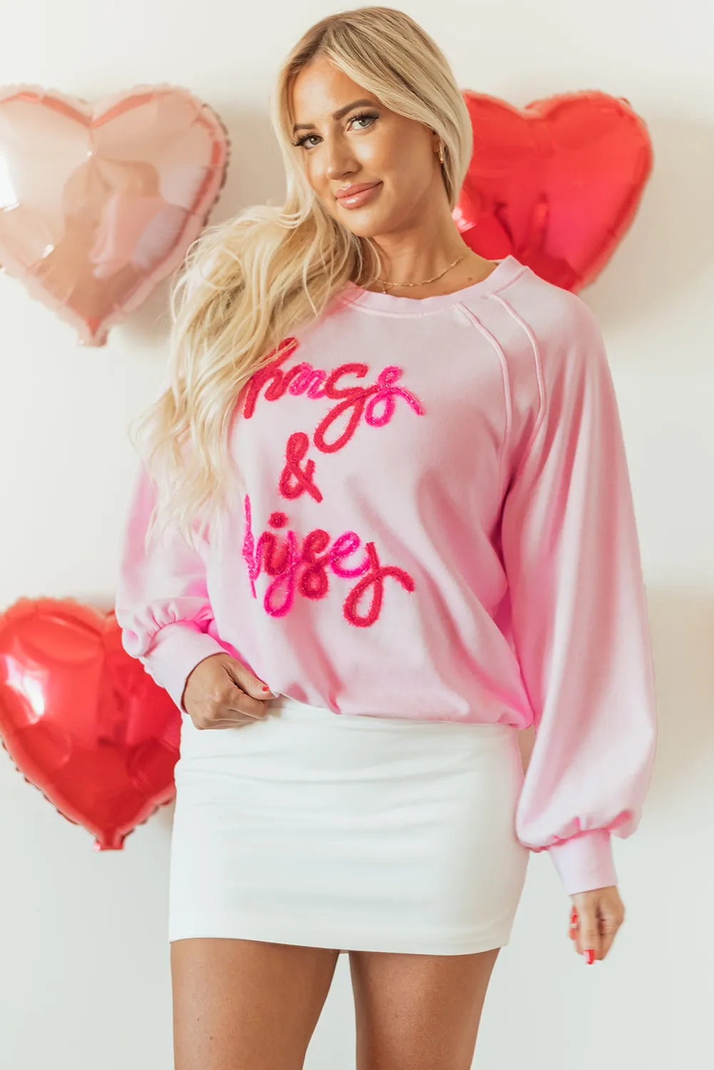 Womens Pink Hugs and Kisses Pop Up Embroidered Raglan Sleeve Sweatshirt